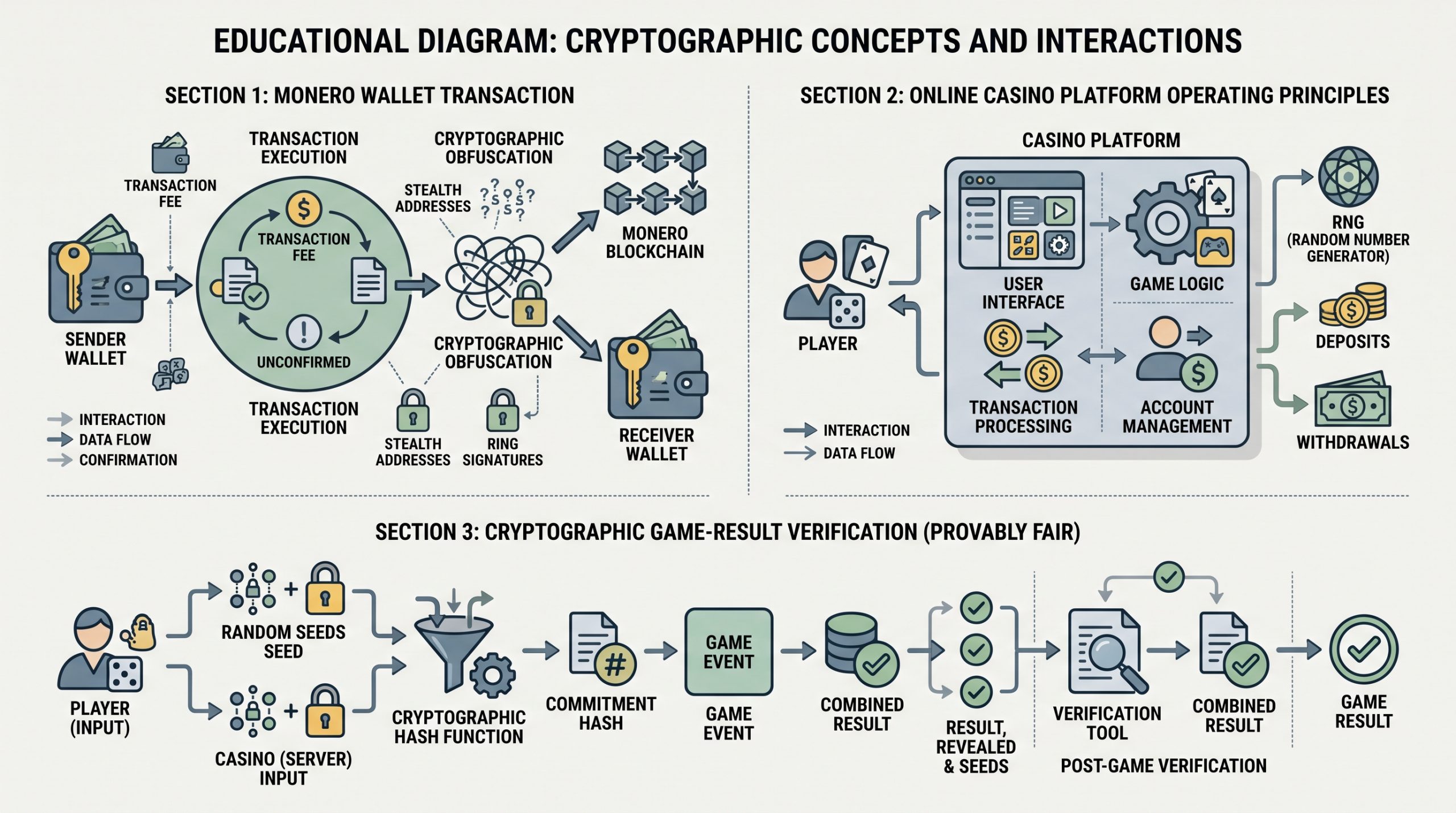 AI illustration separating a Monero wallet transaction, a casino platform and cryptographic game-result verification