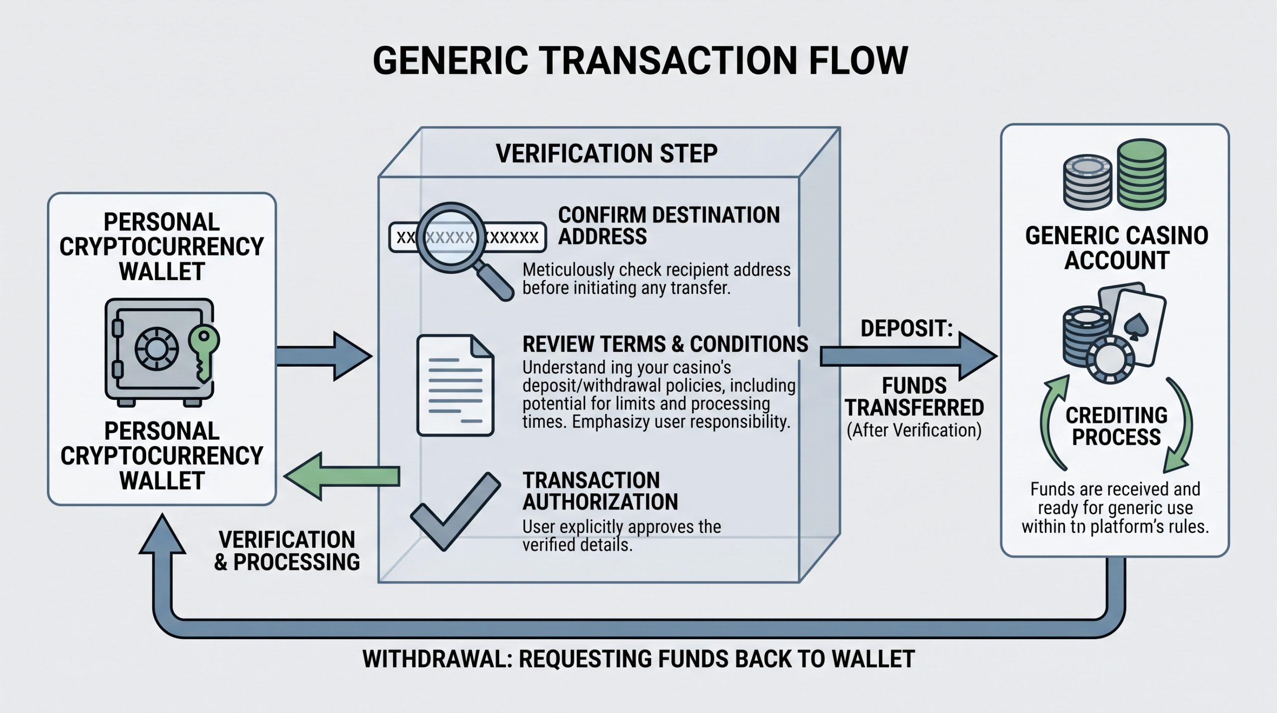 Illustration of XMR moving from a personal wallet to a generic casino account and back after verification
