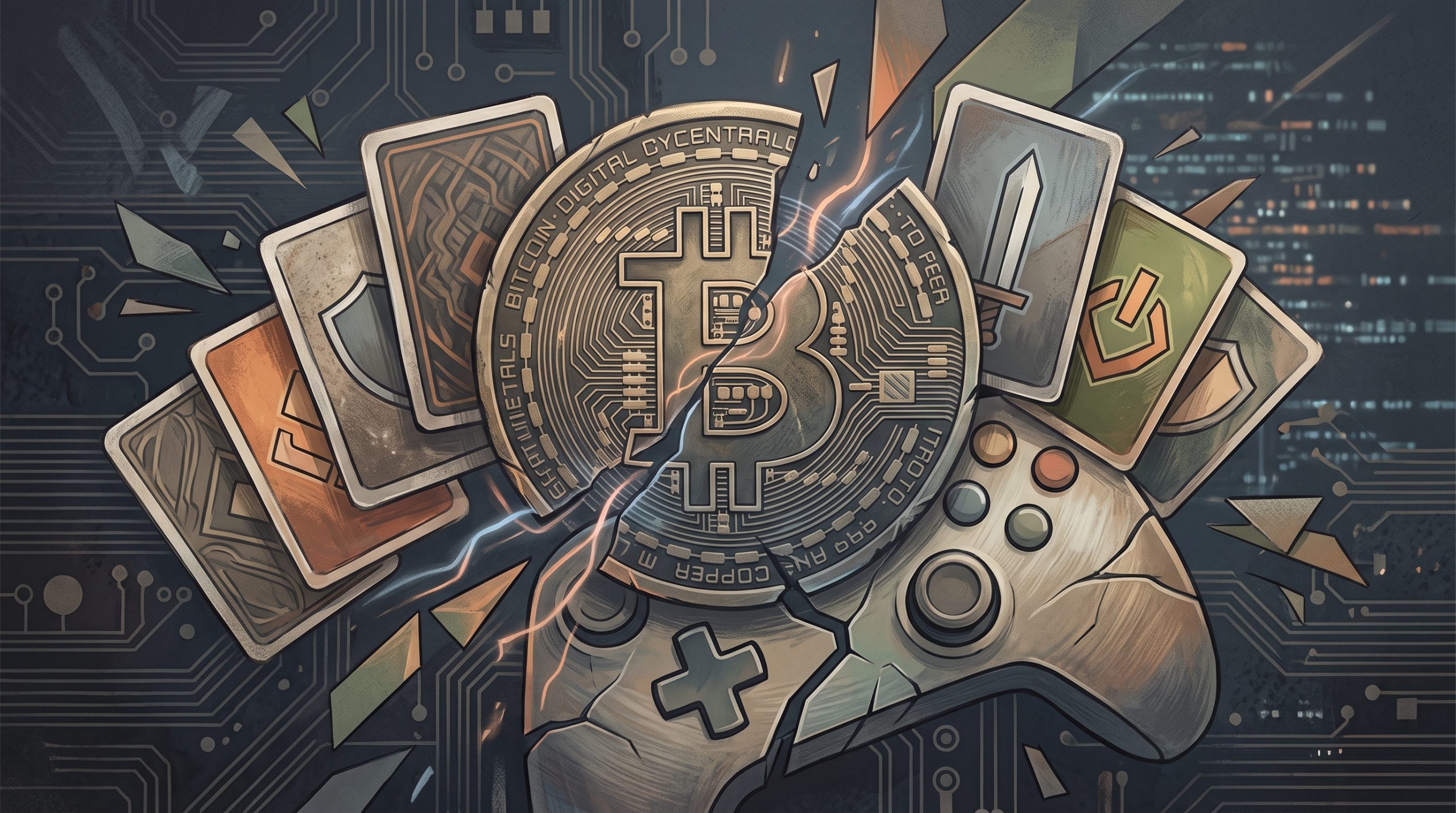 AI-generated illustration: 暗号通貨とオンラインゲームの交差を抽象的に表したイラスト