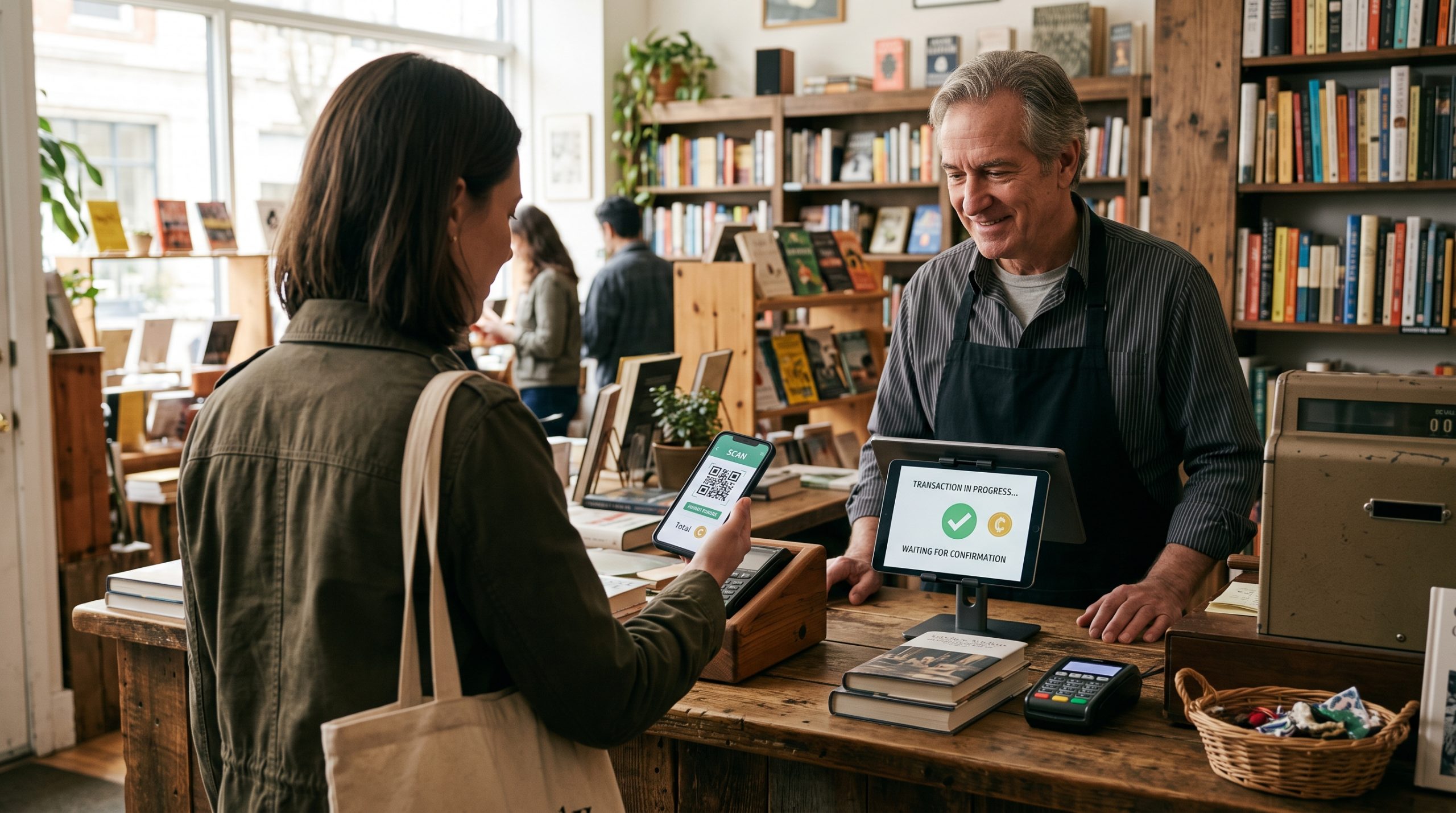 AI-generated illustration: AI illustration of a customer and small-business merchant considering a private cryptocurrency payment at checkout